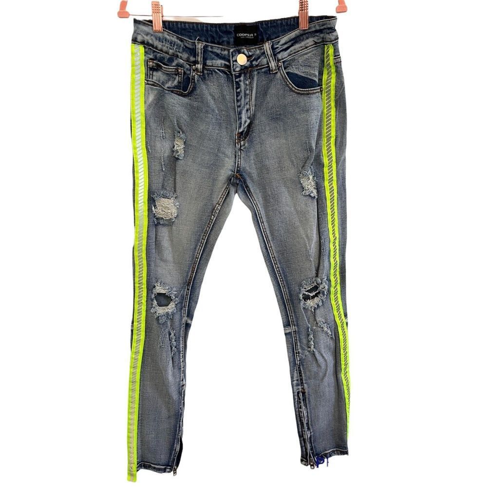 Cooper 9‎ Los Angeles Mens Urban Green Ribbon Distressed Jeans Side Zip SZ 32